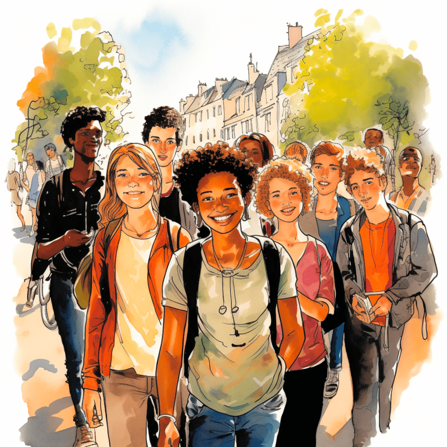 Illustration d'un groupe d'étudiants œuvrant pour un monde plus éco-responsable